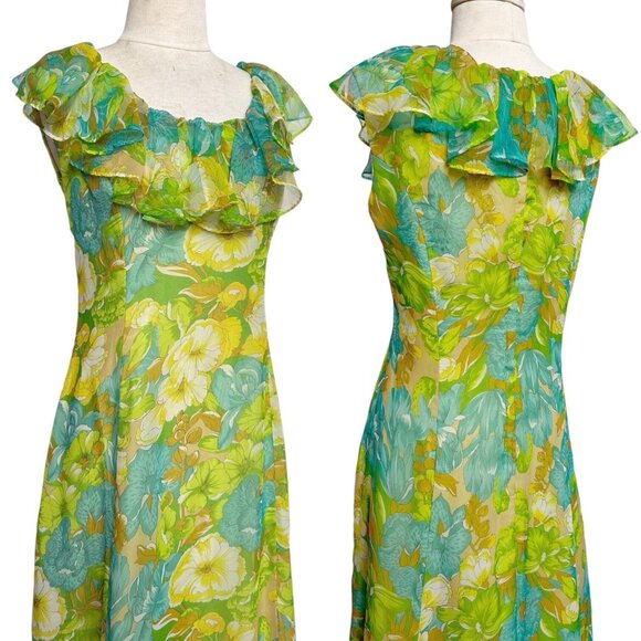 60s 70s Vintage Floral Maxi Dress Ruffle Neckline Collar Floorlength A-line. - Picture 2 of 14